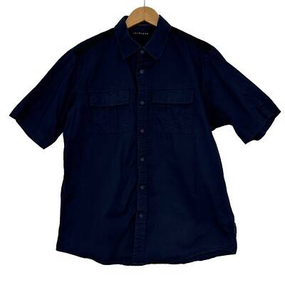 Sean John Men s Size Large Blue Button Front Casual Short Sleeve Cotton Shirt