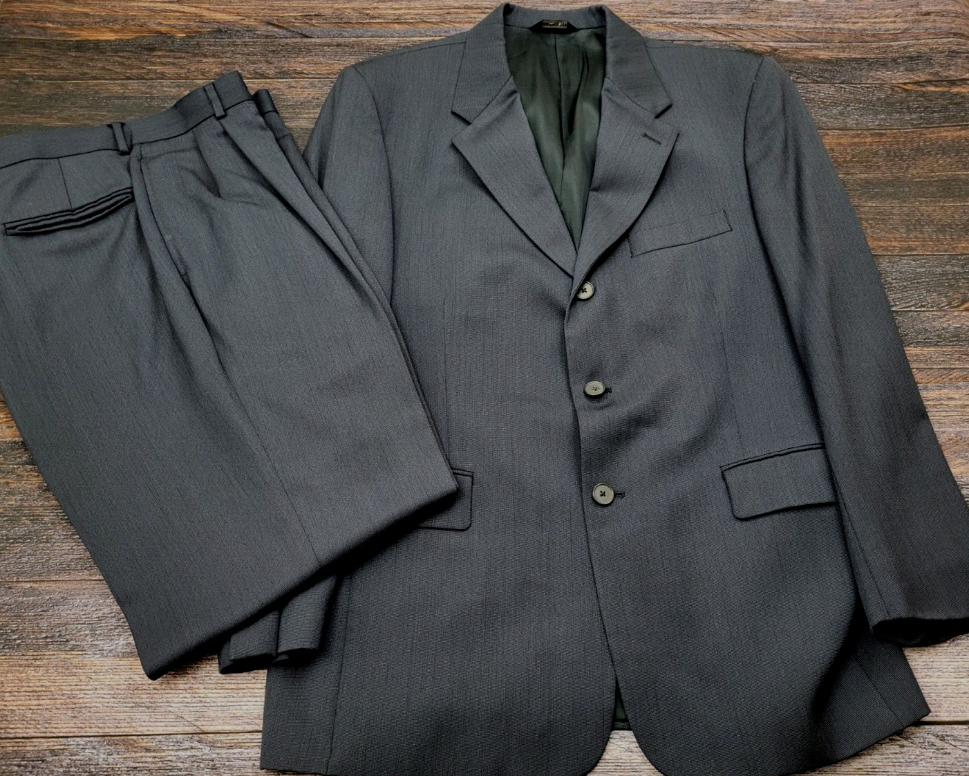 Claiborne Men 2 Piece Black Wool Suit Jacket 42R Pants 36 x 27 Pleated Cuffed