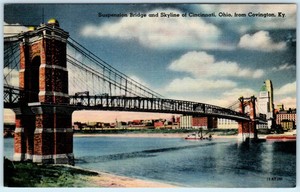 Covington Kentucky Ky Suspension Bridge Cincinnati Skyline C1940s Postcard Ebay