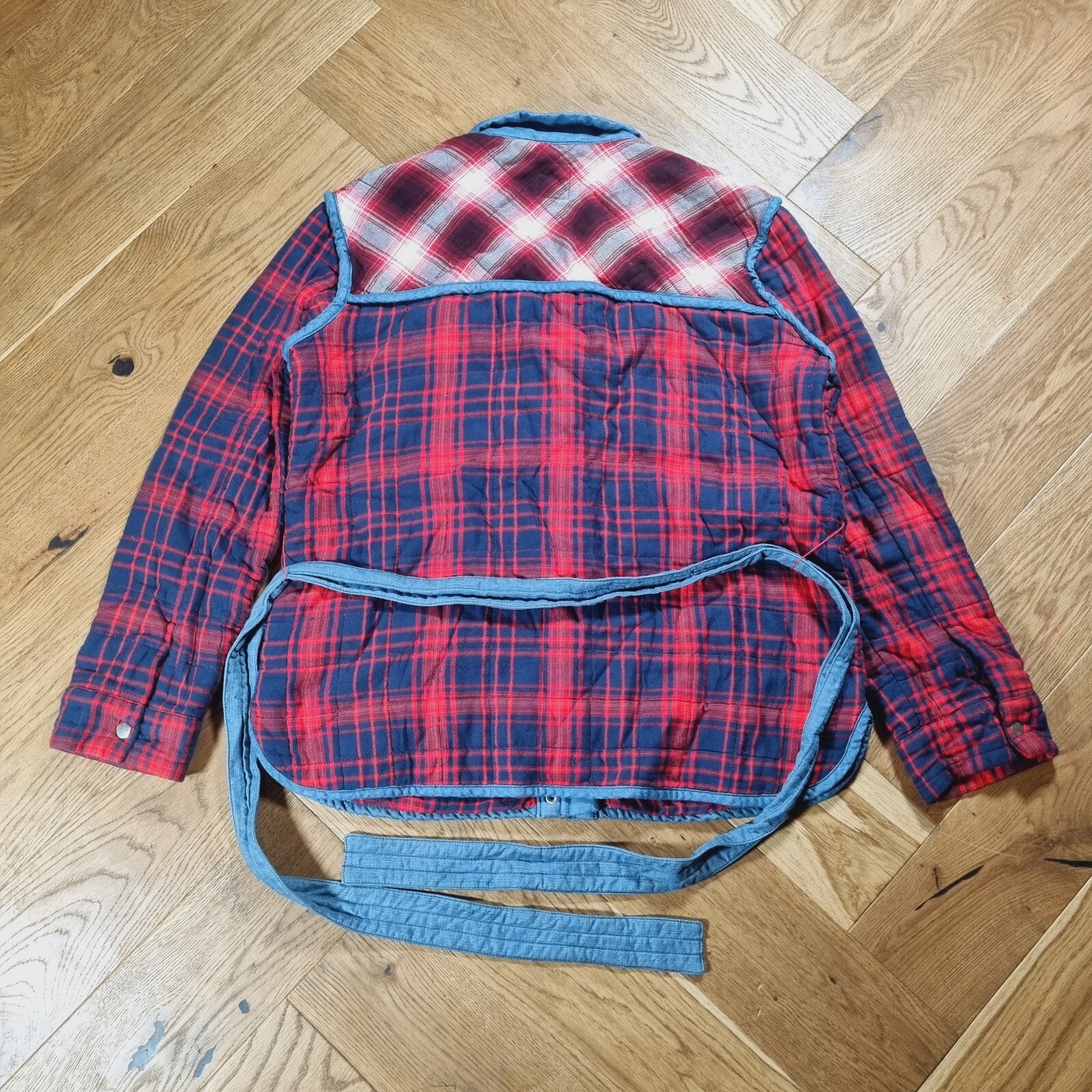 GAP Plaid Patchwork Quilted Jacket Red Self Tie B… - image 8