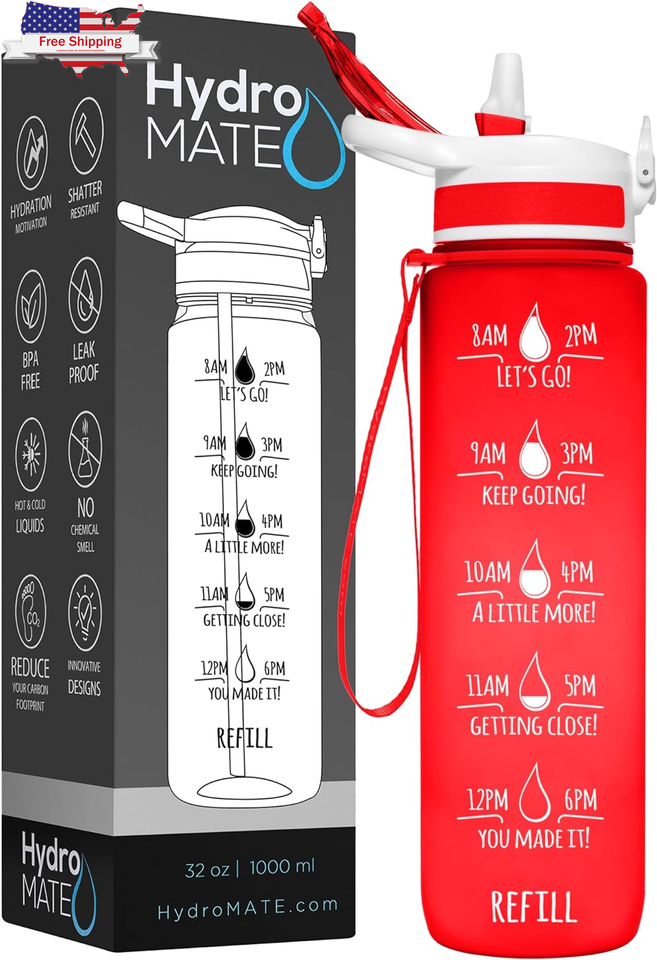 32 Oz Water Bottle with Time Markings Hourly BPA Free Reusable Leak