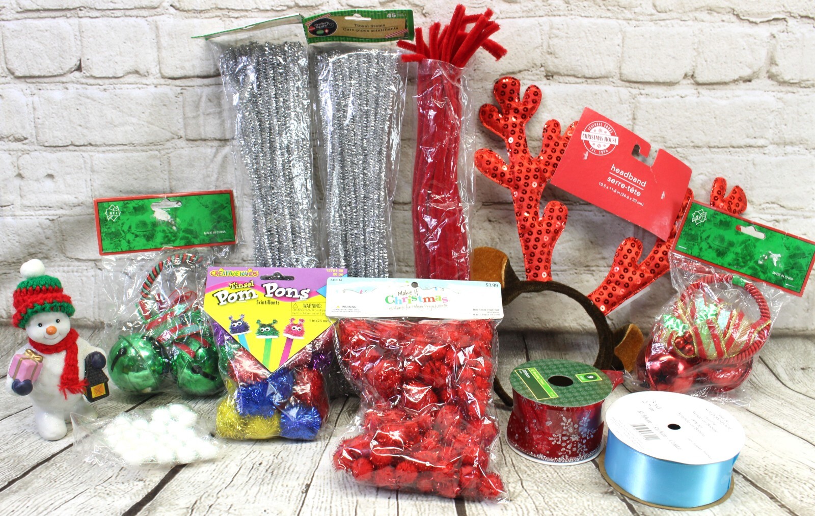 Lot Of Mixed Christmas Crafts & Decorations Snowman Ribbon Bells Tinsel