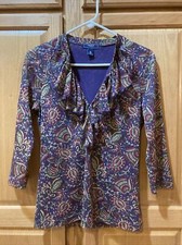 CHAPS LAYERED TOP M PURPLE OLIVE GREEN FLORAL RUFFLE STRETCH 3/4 SLEEVE WOMENS