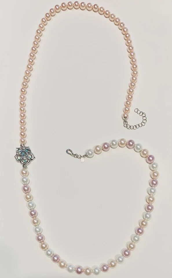 Collana Lunga Perle Rosate Multicolore Rosellina Cristalli Azzurri Argento - Immagine 4 di 4