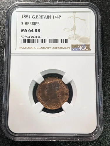 1881 MS64 RB Great Britain Farthing NGC UNC KM 753 3 Berries 1/4P