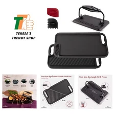 Heavy-Duty Reversible Cast Iron Griddle & Grill with Burger Press and Scrapers