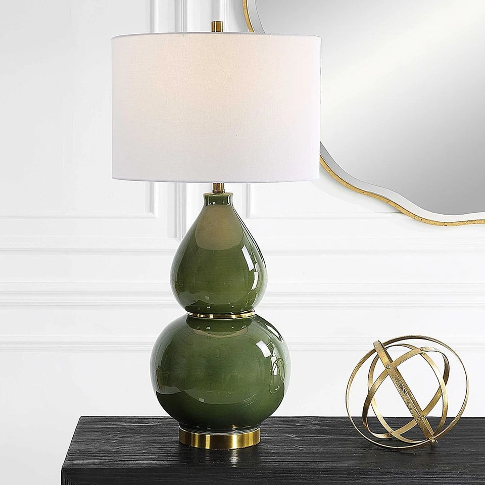Elegant Gloss Moss Green Ceramic Gourd Shape Table Lamp 31 in Brass Gold Classic - Image 2 of 4