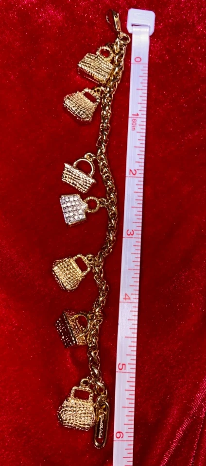 Judith Leiber gold tone mini purse charm bracelet vintage Clear Crystal Foto 4 de 4