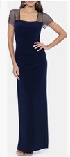 Betsy And Adam Faraj Rhinestone Sleeve Detail Column Gown Size 8P Navy