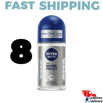 8X Nivea Men Silver Antibacterial Anti-Perspirant Roll-On 50ml 72-H Protect