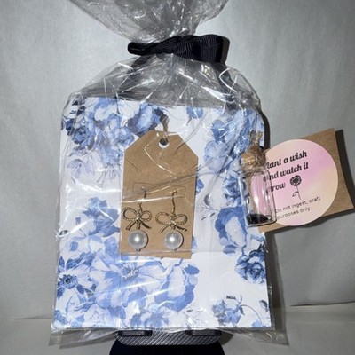 Handmade Gift Basket with Bow Pearl Earrings, Wish Bottle & Decorative Paper