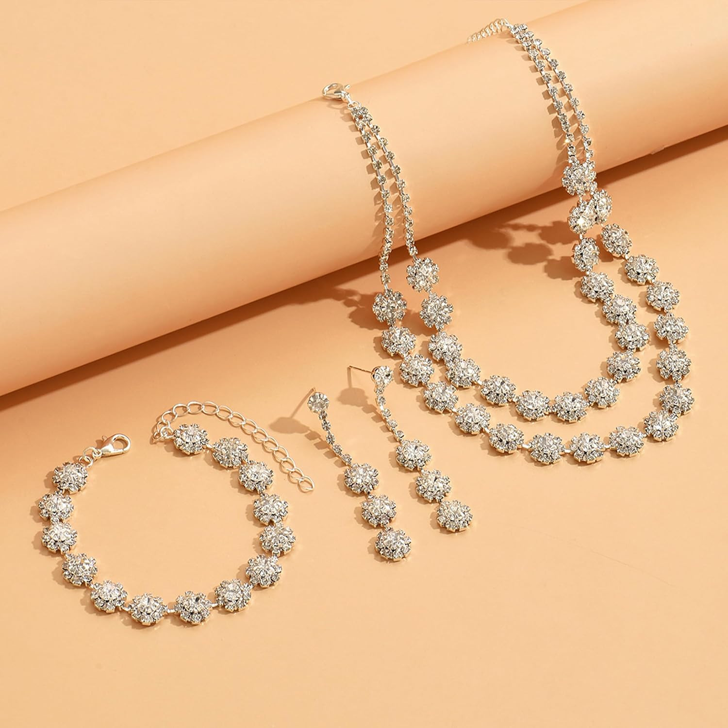 Silver Wedding Jewelry Sets for Brides Rhinestone Necklace Earrings Bracelet Set