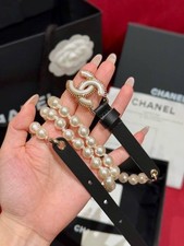 CHANEL White Pearl Interlocking CC Logo Black Leather Belt size 80