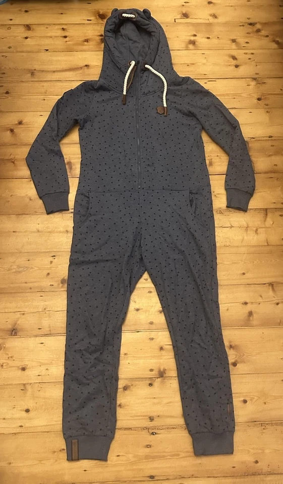 NAKETANO Damen Jumpsuit graublau Sterne in Konturen, Kapuze Örchen Gr. L Top - Bild 2 von 4