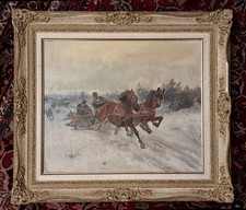 Pferdeschlitten von Wölfen verfolgt – handsigniertes Ölgemälde Antoni Trzeszczko
