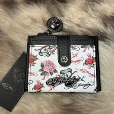 NWT Ed Hardy Bifold Snap Card Case - White - Skulls, Flowers, Logo