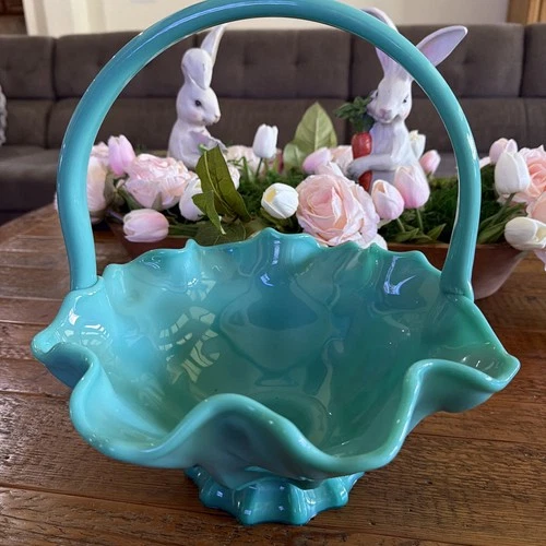 Vintage Large Indiana Fenton Glass EASTER Basket Desert Blossom Sage Green Mist