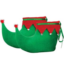 Red Green Elf Shoes - Red and Green Velvet Holiday Elf Feet Slippers with Jin...