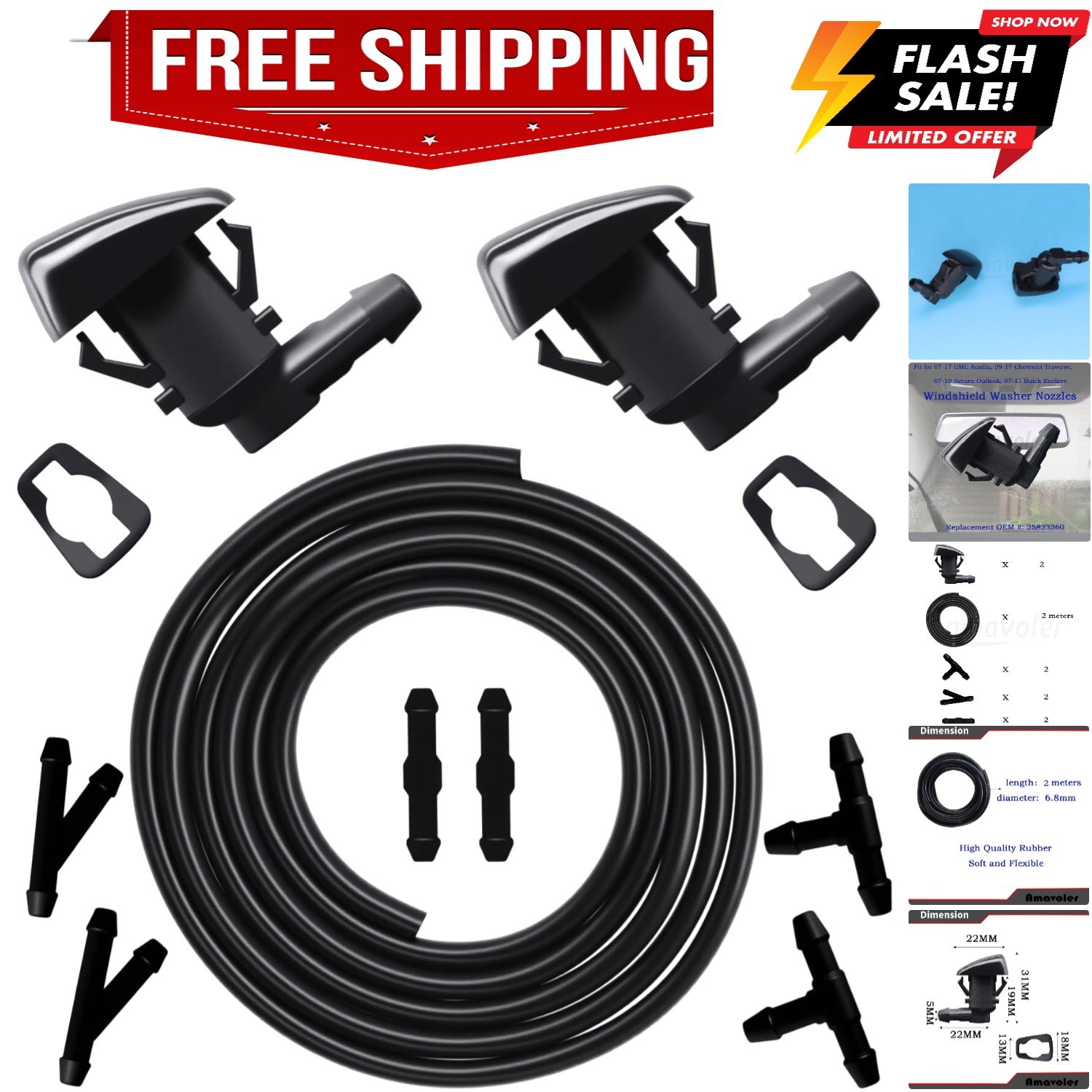 Windshield Washer Nozzles Wiper Spray Kit Replacement Fit For 07-17 GMC Acadi...