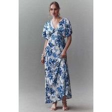 NEW BHLDN Leila Deep-V Flutter Sleeve Maxi Dress in Blue Floral Size 12