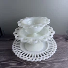 Vintage Milk Glass Lace Edge Pedestal Bowls + Plate Lot – READ Crack in Plate