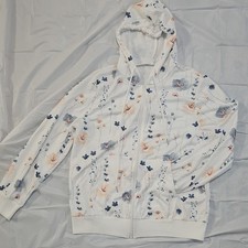 Women's White Floral Full Zip Hoodie with Blue and Peach Flowers