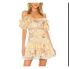 Zimmermann Melody Off Shoulder Mini Dress Yellow Floral (1) Size 6 Flirty Linen