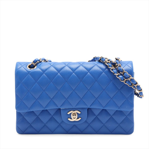 Chanel Matelasse 25 Caviar Skin Double Flap Double Chain Bag Blue Gold Metal Fit