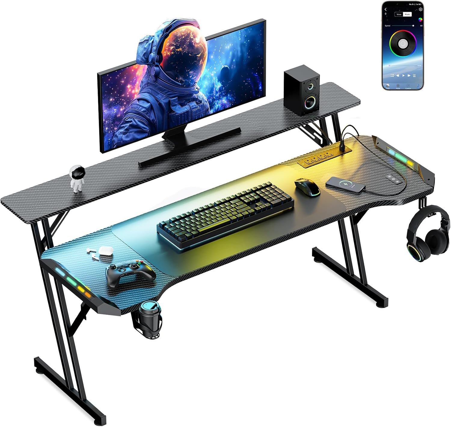 55 Inch Gaming Desk, Smart Computer Gamer Desk with LED Lights & Mouse Pad, Gami