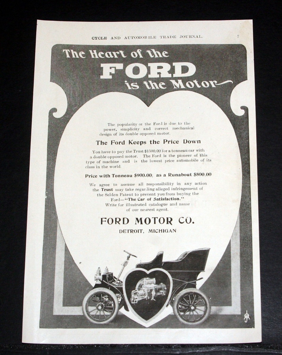 1904 OLD MAGAZINE PRINT AD, THE HEART OF THE FORD &ldquo;TONNEAU&rdquo; CAR IS 