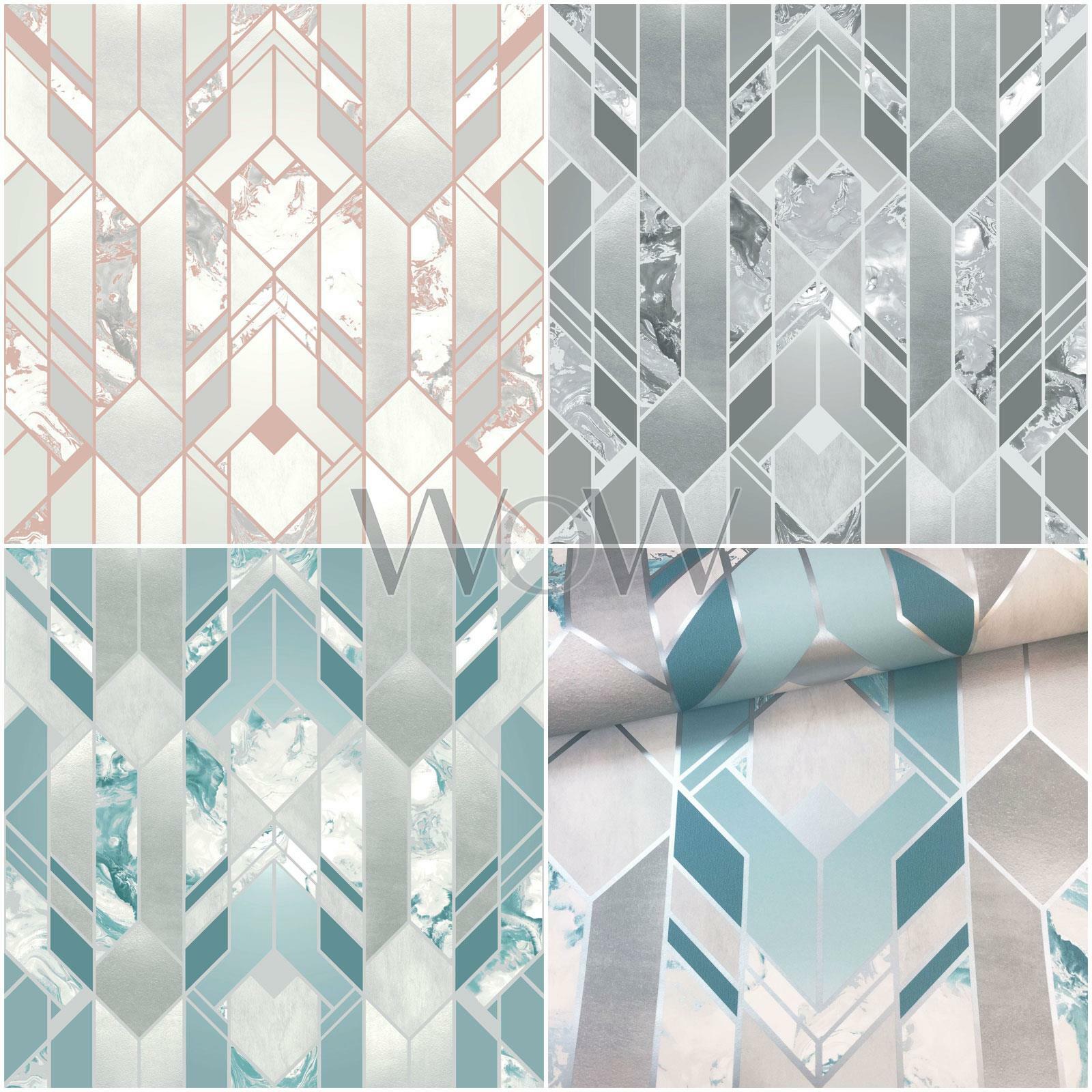 Muriva Elixir Geometric Marble Wallpaper Metallic Silver Rose Gold Teal