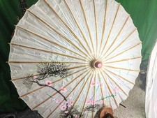 Vintage Chinese Pink Flowers Wood and Paper Parasol