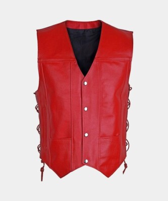 Men s KMAX Motorcycle Biker 10 Pockets Vest Real Cowhide Red Leather Riding Vest