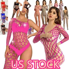 ~Women Hollow Out Fishnet Bodysuit Crotchless Mesh Full Body Stocking Babydoll