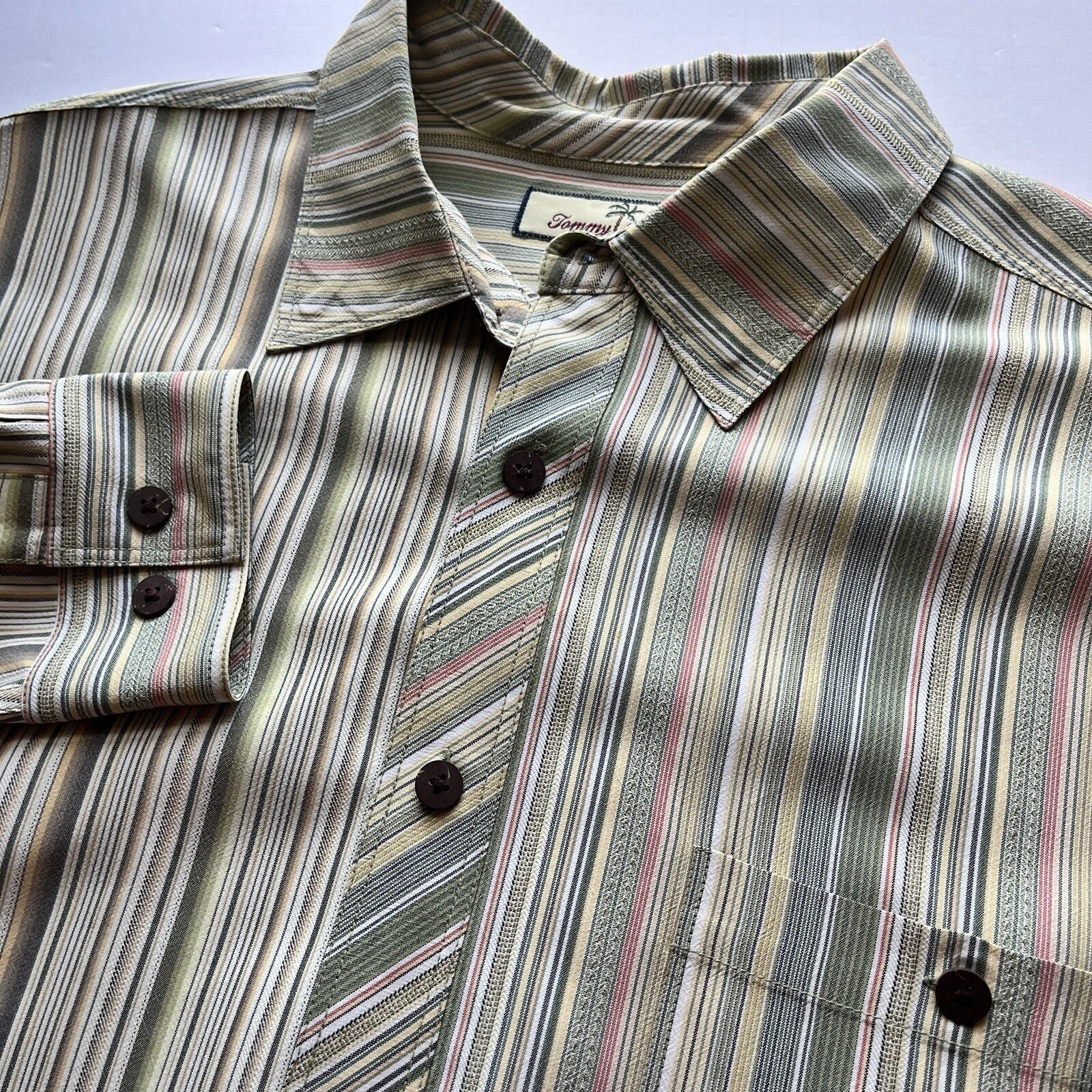 Tommy Bahama Mens Large 100% Silk Long Sleeve Striped Button Down Shirt Green