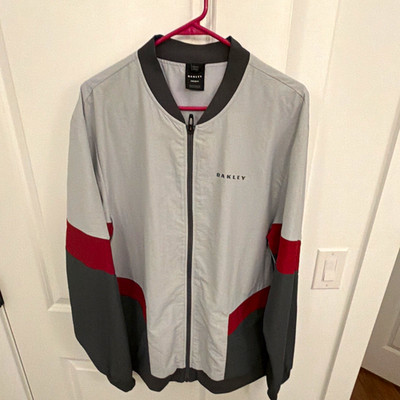 Oakley Men's Gray Red Black Colorblock Full Zip Bomber Jacket Custom Fit XL