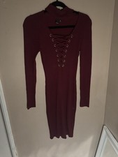Burgundy Red Knit Midi Dress Size L Long Sleeve Crisscross & Gold Chest Detail