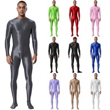 UK Men Glossy Sheer Full Body Bodysuit Solid Color Mock Neck Long Sleeve Unitard