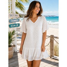 Mango Womens XS Mini Dress White Eyelet Lace V-Neck Ruffle Hem Boho Coastal