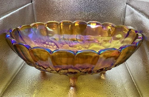 Vintage Indiana Glass Harvest Grape Carnival Glass Amber Oval Footed Bowl 12”