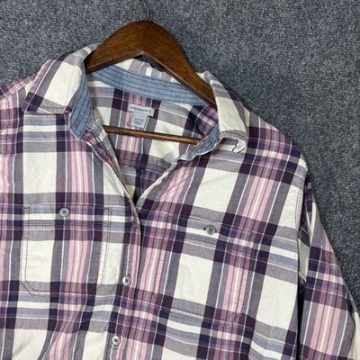 Carhartt Womens Plaid Flannel Button Down Shirt Purple Pink White Small 4/6