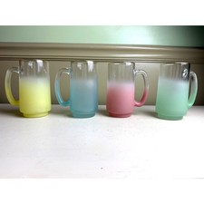 Vintage MCM Blendo Frosted Glass Mugs Set 4 Pastel Ombre Gold Rim 5.5"