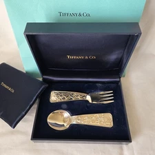 TIFFANY & CO.  Baby Fork and Spoon Set Silver 925  ARC Bear With Box Bag 85g