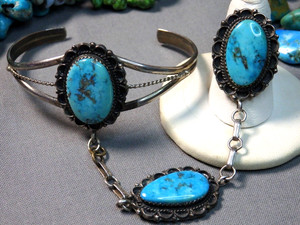 NAVAJO Nevada BLUE GEM TURQUOISE Sterling Silver SLAVE BRACELET Ring sz7.5