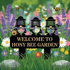 Custom Bee Garden Metal Sign, Personalized Welcome Yard Sign, Honey Bee Gnome