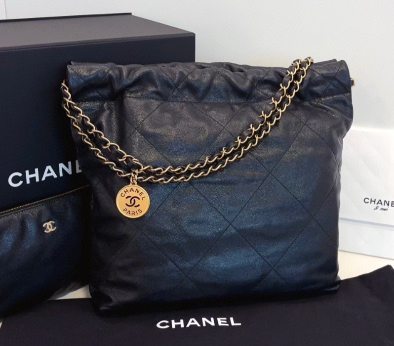 Chanel 22Bag PM Chain Shoulder Bag Black Gold Diamond Women