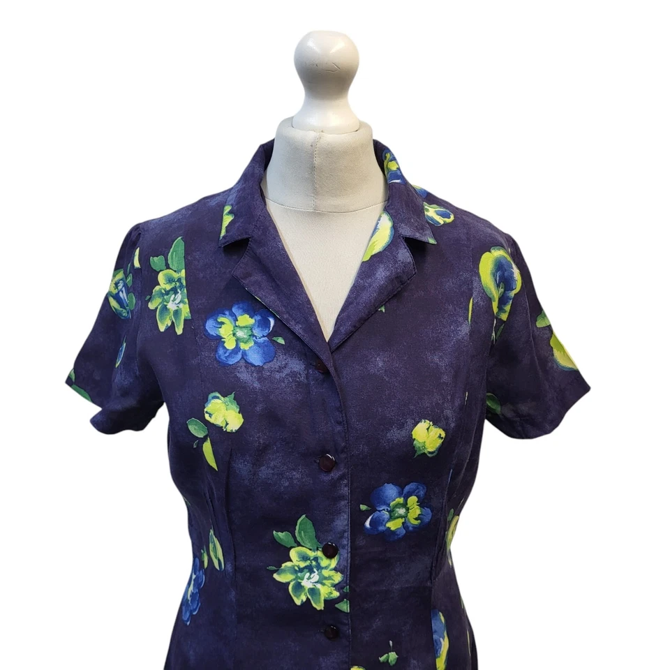 Vestido Burton Grunge Vintage Años 80 90 Manga Corta Azul Verde Floral Reino Unido Talla 14 Foto 2 de 4