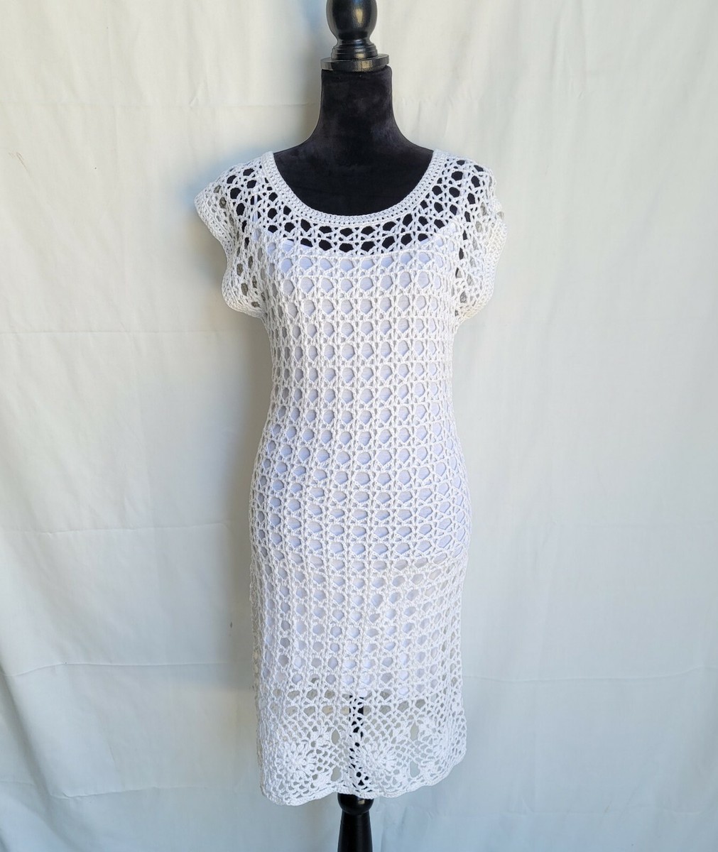 Womens MIDI Croched Dress Off White Tank Lined Crochet Knit Short Sleeve  Size S