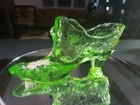6" Shoe Cabbage Rose Hand Painted green art Glass Uranium Fenton Vaseline signed
