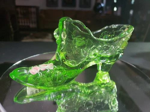 6" Shoe Cabbage Rose Hand Painted green art Glass Uranium Fenton Vaseline signed